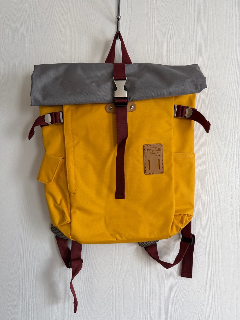Harvest Label Yellow Rolltop Backpack with Gray Top and Burgundy Accents